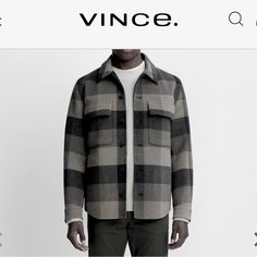 Designer: Vince Condition: New, No Tags Size: M (Men’s) Fit: True To Size Material: 100% Wool Style: Flannel Color: Black And Grey Front: Button Down Neck: Collared Interior: Unlined, Double Sided Wool Urban Winter Shacket For Workwear, Urban Winter Workwear Shacket, Black Flannel Button-up Outerwear, Style Flannel, Black Flannel, Wool Coat, Shirt Jacket, Black Gray, Mens Jackets