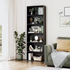 a living room filled with furniture and lots of plants on top of it's shelves