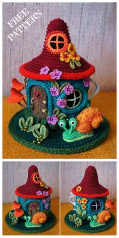 a crocheted house with flowers and plants on the roof is shown in three different views