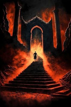 a man is walking up some stairs in front of a fire filled sky with flames