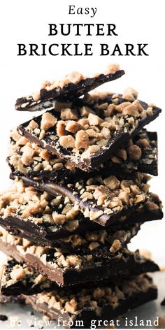 chocolate and peanut brittle bark is stacked on top of each other with text overlay