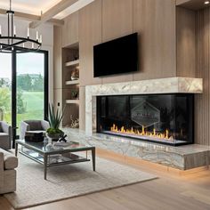 modern fireplace in house Modern Fireplace High Ceiling, 3 Sided Fireplace Ideas Modern, Modern Livingrooms Design With Fireplace, Fireplace Ideas Modern Contemporary, Living Room With Natural Wood, Modern Corner Fireplace, Natural Wood Paneling, Home Entrance Wall, High Ceiling Living Room Modern