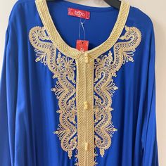 Brand New With Tags Made Of Rayon Size Is 3x But More Like Xl Royal Blue Embroidered Kaftan, Royal Long-sleeve Embroidered Kaftan, Royal Long Sleeve Embroidered Kaftan, Festive Long-sleeve Blue Kaftan, Festive Blue Long Sleeve Kaftan, Festive Long Sleeve Blue Kaftan, Blue Embroidered V-neck Kaftan, Festive Blue Kaftan With Floral Embroidery, Royal Blue Festive Kaftan