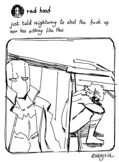 a black and white drawing of a man sitting in front of a mirror with the caption red hood just told lightning to shut the truck up now he's setting like this