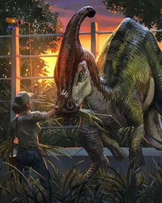 an artist's rendering of a dinosaur being fed by a man in front of a gate