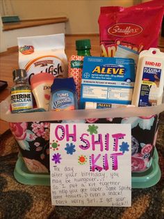 a basket filled with lots of different types of cleaning products and handwritten note on it