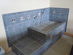 a blue tiled bathroom with steps leading up to the shower