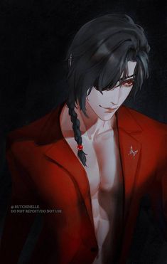 an anime character with black hair and braids wearing a red jacket, standing in front of a dark background