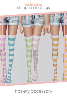 three different colored striped stockings are shown in the same color and size as one woman's legs