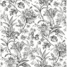 a black and white floral wallpaper with lots of flowers on the side, all in different sizes