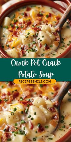 a bowl of crock pot cracker potato soup with a spoon in it and the title overlay