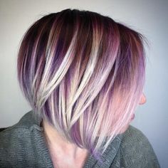 Deep Purple And Blonde Hair, Peekaboo Highlights Short Hair, Purple Hair With Highlights, Dark Hair With Blonde Highlights, Dark Hair With Blonde, Purple Highlights Blonde Hair, Bob Hairs