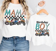 Retro Colorful Mama Jam Monster Truck Shirts- This Cozy Boy Mama Sweatshirt  with Big Monster Trucks Jam Theme is sure to be a favorite gift for mom and son. Sizes S-5X. Perfect for Monster Truck Jam events, boy baby shower gifts or new mom boy gifts, boys birthday or mom's birthday. Matching checkered customizable family matching tees: https://www.etsy.com/listing/1569010977 Matching checkered comfort colors tees: https://www.etsy.com/listing/1511813486 FOR MOMSTER JAM T-SHIRTS: https://commonc Long Sleeve T-shirt For Mother's Day Birthday, Graphic Print Sweatshirt For Birthday And Mother's Day, Mother's Day Birthday Graphic Print Sweatshirt, Long Sleeve T-shirt For Birthday And Mother's Day, Monster Truck Jam, Monster Truck Shirt, Big Monster Trucks, Big Monster, Mom Crewneck