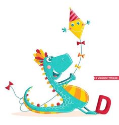 a cartoon dinosaur with a birthday hat on is holding a kite in the air and flying it's tail