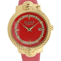 a red and gold watch with diamonds on the face