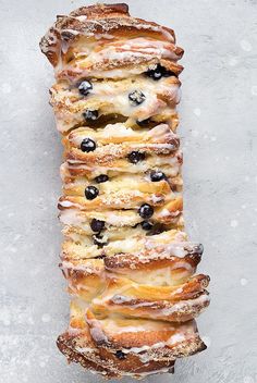 blueberry bread is stacked on top of each other