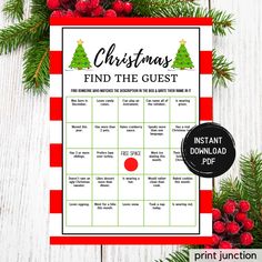 printable christmas find the guest game on a table with holly branches and red berries