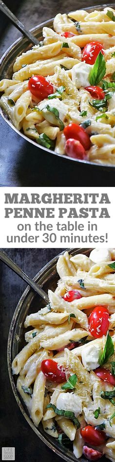 two pans filled with pasta and vegetables on top of a table next to each other