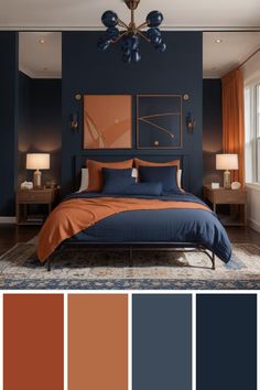 a bedroom with dark blue walls and orange bedding in the center is a chandelier