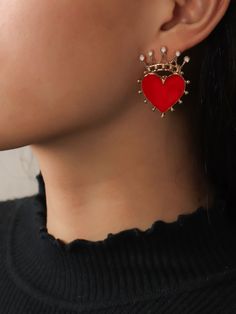 Red Fashionable   Zinc Alloy  Stud Embellished   Jewelry Enamel Stud Earrings, Crown Earrings, Heart Crown, Heart Fashion, Crown Design, Stud Jewelry, Watches Women Fashion, Christmas Earrings, Heart Studs