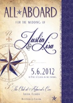 a wedding program with an image of a compass and the words, all aboard for the wedding