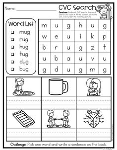 worksheet with words and pictures for cvc search