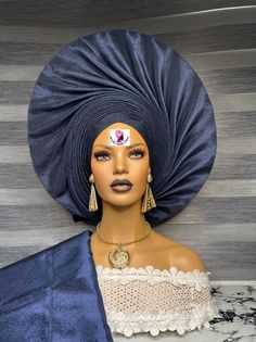 Navy blue aso oke gele hat, made with quality aso oke material suitable for all events Blue Aso Oke, Aso Oke, Turbans, Navy Blue Color, Hat Making, Hair Accessories Headbands, Halloween Shopping, Asos, Bathing Beauties