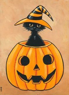 a painting of a cat in a pumpkin costume