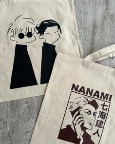 two totes bags with an image of the same person on one side and another bag that says namami