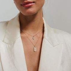 DESCRIPTION 14kt gold + pave diamond dog tag hangs on a delicate 14kt gold chain for the perfect accent to any outfit. DETAILS & FIT 14kt gold chain White diamonds Dog tag measure 19 x 11mm Measures 18" STYLE NUMBER DG-M Minimalist 14k Gold Diamond Necklace For Everyday Luxury, Minimalist 14k Gold Diamond Necklace, Everyday Gold Initial Pendant Diamond Necklace, Everyday Gold Diamond Necklace With Accents, Luxury Diamond Pendant Necklace For Everyday, Luxury Everyday Diamond Pendant Necklace, 14k Gold Rectangular Pendant For Everyday Wear, 14k Gold Rectangular Pendant Jewelry For Everyday, Minimalist Yellow Gold Diamond Necklace, Tarnish Resistant