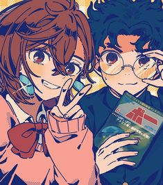 two anime characters are posing for the camera and one is holding a book in his hand