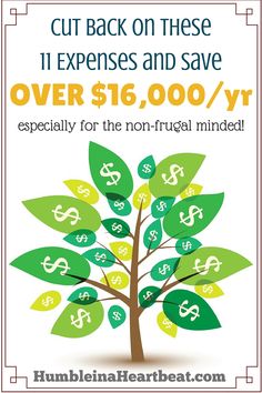 a tree with dollar signs on it and the words cut back on these 11 expenses and save over $ 16, 000 / yr especially for the non - frugaal minded