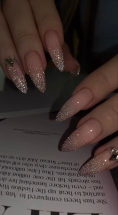 Prom Nail Aesthetic, Almond Nail Glitter Ombre, Prom Glitter Nails, Glitter Ombré Nail, Glitter French Tips Stilleto, Long Almond Nails Sparkle, Long Almond Glitter Nails, Pink And White Ombre Nails Sparkle Almond, Champagne Silver Nails