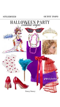 an advertisement for a costume party with shoes and accessories