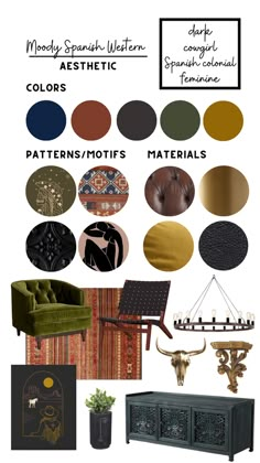 an assortment of furniture and decor items with the words, colors, patterns, materials