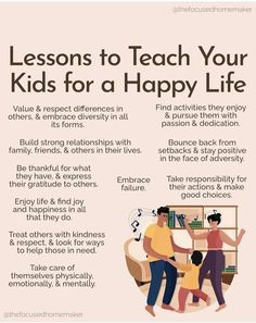 a poster with the words lessons to teach your kids for a happy life