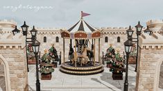 a merry go round in front of a castle with christmas trees and decorations on it