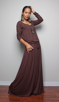 Brown Maxi Dress Chocolate Brown Long Sleeve Dress by Nuichan Long Sleeves Outfit Men, Nubian Style, Simple Long Sleeve Dress, Brown Long Sleeve Dress, Brown Maxi Dress, Brown Maxi Dresses, Adventure Girl, Modest Clothes, Long Sleeve Outfits