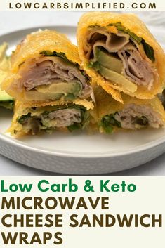 low carb and keto micro wave cheese sandwich wraps on a white plate with text overlay