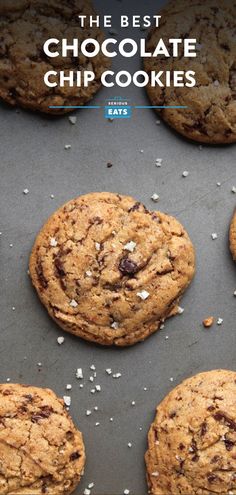 the best chocolate chip cookies on a baking sheet with sea salt sprinkled on top