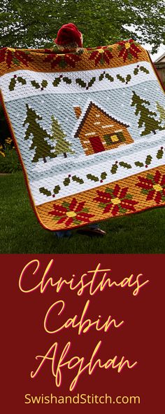 a quilted christmas cabin afghan with the words, christmas cabin afghan