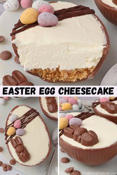 an easter egg cheesecake with white frosting and chocolate candies on the top