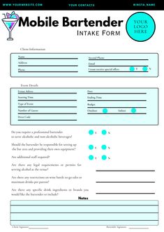 Bartender Agreement Contract Bartending Editable Template Bartender Contract Mobile Bar Contract Bartender Event Service Contract Form Neon  Are you a Bartender or Bar Business Owner who need all events document starter kit at once? Look no further! You’re in the right place if you want a bundle that includes a Bartender Client Intake Form, a Bartender Service Contract or Mobile Bar Agreement, Bartender Invoice Form, Mobile Bar Order Form or even Inventory log form for your business management. Mobile Bartender, Wedding Business Ideas, Client Intake Form, Event Budget, Diy Bar Cart, Intake Form