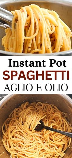 spaghetti in a pan with the words instant pot spaghetti, and an image of pasta being cooked