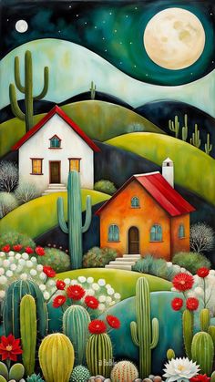 a painting of a house surrounded by cactus and cacti with a full moon in the background