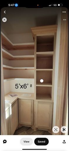 an image of a room with shelves and drawers on the wall, which are labeled 5x6 inches