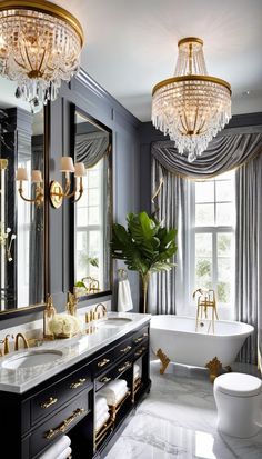 an elegant bathroom with chandelier, tub and sink in black and gold tones