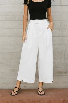 Two hand pockets wide legs White High-waisted Wide Leg Cotton Pants, Mid-rise White Wide Leg Pants With Pockets, White Stretch Ankle-length Wide Leg Pants, White Wide-leg Rayon Pants, Cotton Gauze Pants, White Rayon Wide-leg Pants, Ditsy Floral Blouse, White Slacks, Gauze Pants