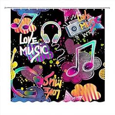 colorful music themed shower curtain with headphones and musical notes on the front, black background