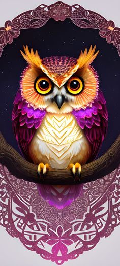 an owl sitting on top of a tree branch in front of a purple and pink background